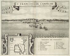 Campeche-KB View of St. Francisco de Campeche depicted in the inset Yucatan and the Gulf of Honduras.jpg